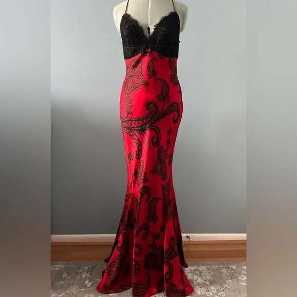 Mary.L Couture Red & Black Silk Lace Maxi Dress Size 8 - Picture 2 of 16